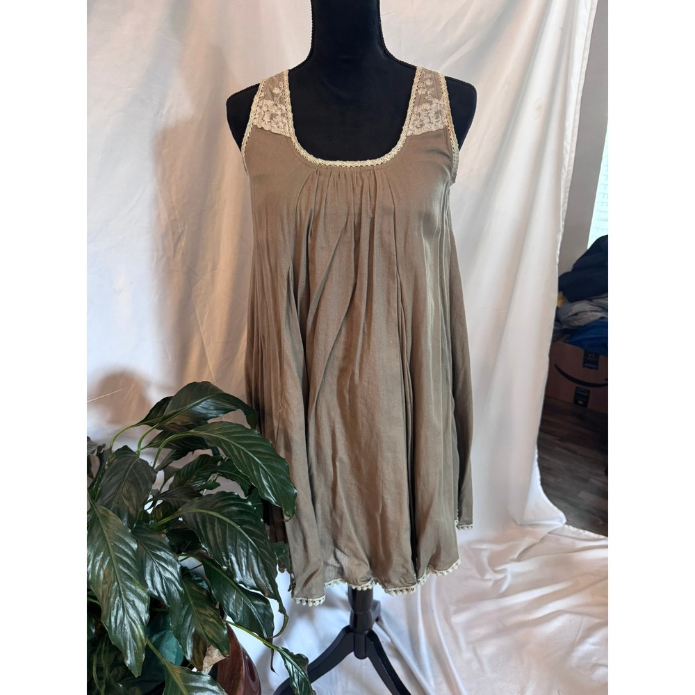 A'reve Boho Lace Back Babydoll Dress Taupe Brown Sleeveless Mini Small